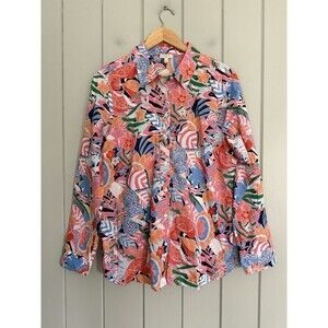Talbots Cotton Button Front Shirt Top L Large Marvelous Floral Colorful Orange